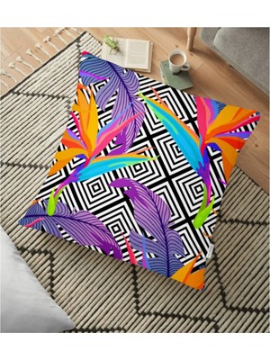 Rem Home Geometrik Zeminli Renkli Yapraklar Tasarımlı Dijital Baskılı Yer Minderi - 70 x 70 cm