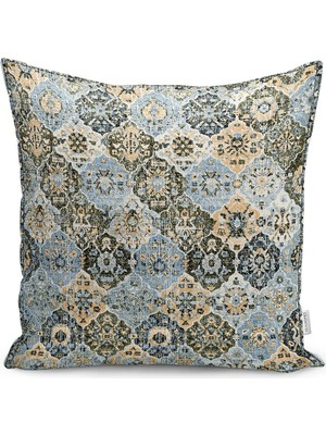Rem Home Mavi Zeminde Kilim Motifli Uşak Desenli Dijital Baskılı Yastık Kırlent Kılıfı