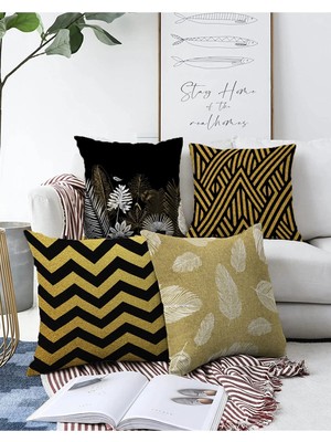 Rem Home 4'lü Çift Taraflı Renkli Zeminli Gold Detaylı Geometrik Desenli Modern Raşel Örme Kırlent Kılıf Seti