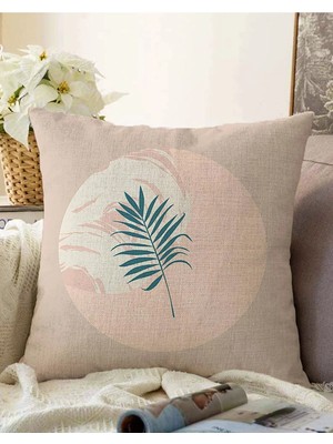 Rem Home Çift Taraflı Pastel Zeminde Yaprak Desenli Dijital Baskılı Modern Raşel Örme Yastık Kırlent Kılıfı