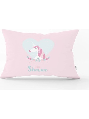 Rem Home Gri Pembe Çizgili Baby Shower Kuğu Tasarımlı Çocuk Odası Dikdörtgen Yastık Kılıfı