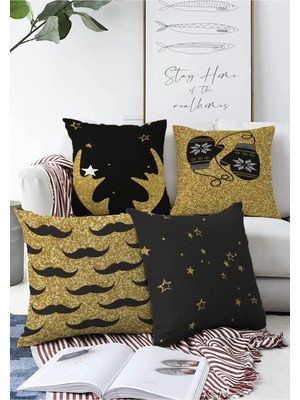 Rem Home 4'lü Çift Taraflı Yılbaşı Konsepti Altın Varaklı Özel Tasarım Raşel Örme Yastık Kılıf Seti 55X55CM