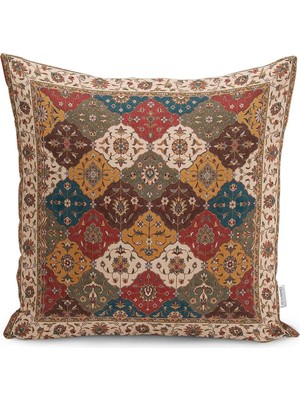 Rem Home Krem - Kırmızı Zeminde Uşak Motifli Kilim Desenli Dijital Baskılı Yastık Kırlent Kılıfı