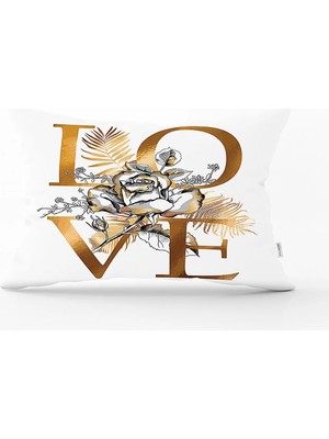 Rem Home Altın Varaklı Love Tasarımlı Modern Dekoratif Dikdörtgen Yastık Kırlent Kılıfı