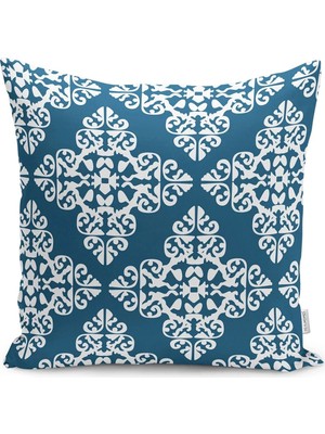 Rem Home Mavi Zeminde Etnik Motifli Damask Desenli Dijital Baskılı Yastık Kırlent Kılıfı