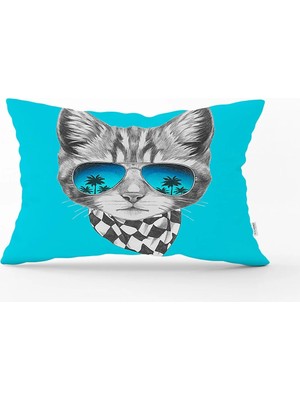 Rem Home Mavi Zeminde Gözlüklü Cool Kedi Motifli Dikdörtgen Kırlent Kılıfı