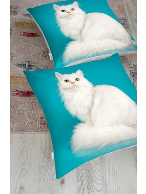 Rem Home Mavi Zeminde Beyaz Kedi Desenli Modern Hayvan Yer Minderi (1000GR Iç Dolgulu)