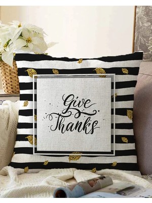 Rem Home Çift Taraflı Siyah Beyaz Zeminde Gold Yapraklı Thanks Yazılı Modern Raşel Örme Yastık Kırlent Kılıfı