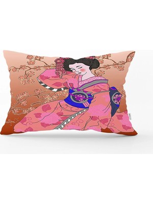 Rem Home Çiçek Motifleri Üzerinde Japon Kız Desenli Modern Dikdörtgen Yastık Kılıfı