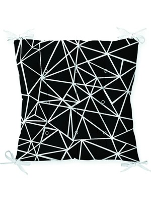 Rem Home Siyah Zeminde Beyaz Geometrik Desenli Pofidik Sandalye Minderi