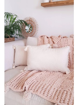 Rem Home 2'li Dikdörtgen Handmade Elişi Natural Keten Otantik Organik Pamuklu Püsküllü Kırlent Kılıfı