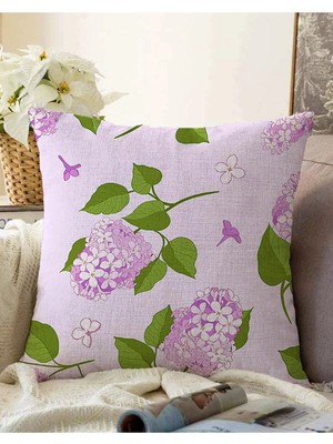 Rem Home Çift Taraflı Renkli Zeminde Yeşil Yapraklı Çiçek Desenli Modern Raşel Örme Yastık Kırlent Kılıfı