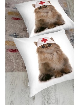 Rem Home Hemşire Şapkalı Sevimli Kedi Baskılı Modern Hayvan Yer Minderi (1000GR Iç Dolgulu)