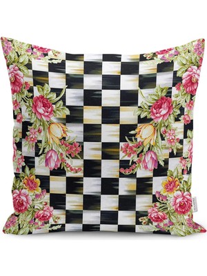 Rem Home Damalı Zeminde Damask Motifli Çiçek Desenli Dijital Baskılı Yastık Kırlent Kılıfı