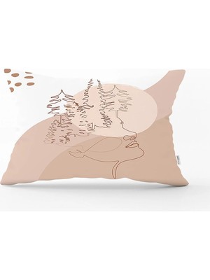 Rem Home Pastel Zeminli Onedraw Çizimli Bayan Silüeti Dijital Baskılı Modern Dikdörtgen Kırlent Kılıfı