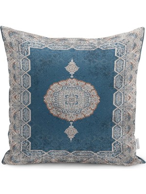 Rem Home Mavi Zeminde Kilim Motifli Otantik Desenli Dijital Baskılı Yastık Kırlent Kılıfı