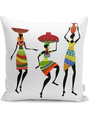 Rem Home Beyaz Zeminde Afrika Kadın Motifli Etnik Desenli Dijital Baskılı Yastık Kırlent Kılıfı