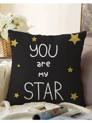 Rem Home Çift Taraflı Gold Zeminde Kucuk Siyah Kalp Desenli Dijital Baskılı Modern Raşel Örme Kırlent Kılıfı