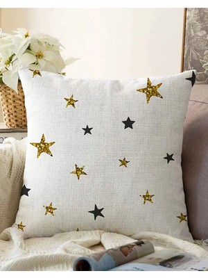 Rem Home Çift Taraflı Beyaz Zeminde Gold Yıldızlı Dijital Baskılı Modern Raşel Örme Yastık Kırlent Kılıfı