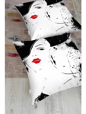 Rem Home Kırmızı Rujlu Siyah Beyaz Fashion Girl Motifli Yer Minderi