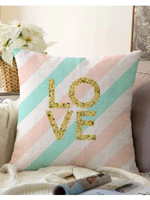Rem Home Çift Taraflı Beyaz Zeminli Gold Detaylı Love Yazılı Dijital Baskılı Modern Raşel Örme Yastık Kılıfı