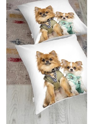 Rem Home Sevimli Köpekler Dijital Baskılı Modern Hayvan Yer Minderi (1000GR Iç Dolgulu)