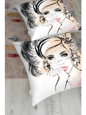 Rem Home Karakalem Çizimli Fashion Women Dekoratif Yer Minderi