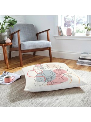 Rem Home Kırmızı ve Turucu Şerit Temalı Çiçek Tasarımlı Dekoratif Yer Minderi