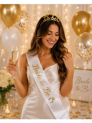Bkmc Party Bride To Be Gold Gümüş Kuşak ve Taç Seti | Bekarlığa Veda Parti Aksesuarı | Gold Gümüş Gelin Tacı ve Saten Kuşak | Bridal Shower Organizasyon Süsü