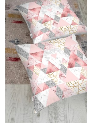 Rem Home Geometrik Pembe ve Gri Mermer Motifli Özel Tasarım Yer Minderi