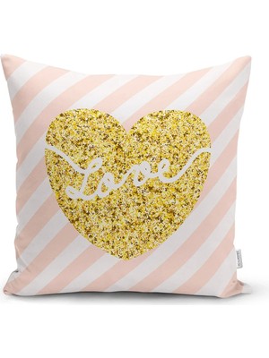 Rem Home Beyaz Zeminli Gold Renkli Love Yazılı Dijital Baskılı Modern Yastık Kırlent Kılıfı