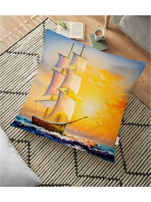 Rem Home Modern Gemi Desen Dijital Baskılı Yer Minderi - 70 x 70 cm