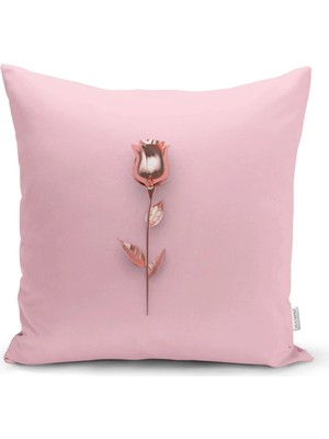 Rem Home Pembe Zeminli Altın Gül 3D Baskılı Yastık Kırlent Kılıfı