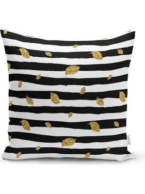 Rem Home Siyah Beyaz Zeminli Gold Yaprak Desenli Dijital Baskılı Modern Yastık Kılıfı