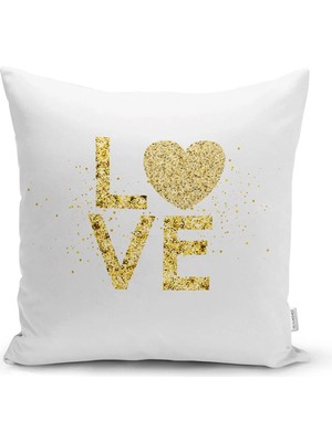 Rem Home Beyaz Zeminli Gold Renkli Love Yazılı Dijital Baskılı Modern Yastık Kırlent Kılıfı