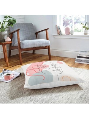 Rem Home Kırmızı Şeritli Portre Çizimli Dekoratif Modern Yer Minderi