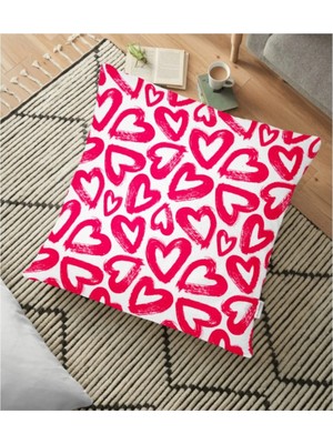 Rem Home Modern Tasarımlı Kırmızı Kalpler Desenli Dijital Baskılı Yer Minderi - 70 x 70 cm