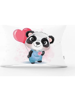 Rem Home Sevimli Kalp Motifli Panda Tasarımlı Dikdörtgen Kırlent Kılıfı