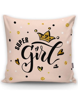 Rem Home Super Gırl Yazı Desenli Dijital Baskılı Dekoratif Kırlent Kılıfı