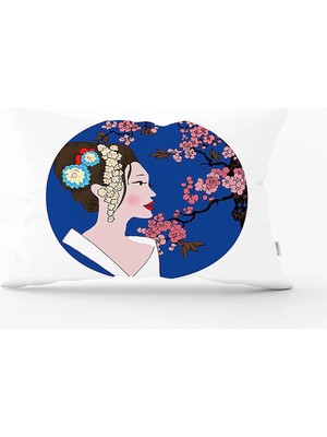 Rem Home Çiçek Motifli Japon Kız Desenli Dekoratif Dikdörtgen Yastık Kılıfı