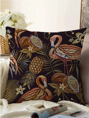 Rem Home Koyu Zeminli Flamingo Ananas Motifli Raşel Örme Yastık Kırlent Kılıfı