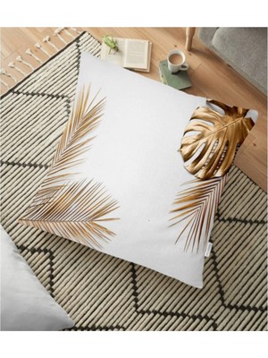Rem Home Altın Renkli 3D Palmiye Yaprakları Modern Yer Minderi - 70 x 70 cm