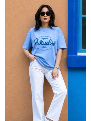 Dı Loria Kadın Mavi Oversize Paradise Baskılı Likralı Bisiklet Yaka T-Shirt (%95 Pamuk)