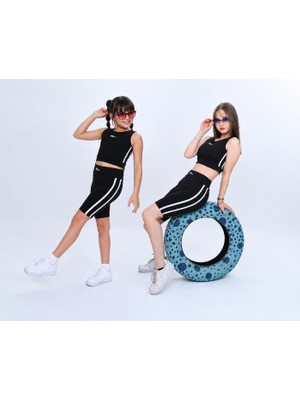 Ay Kids Kız Çocuk Siyah Şerit Detaylı Crop Atlet & Biker Tayt Takımı 1070-1