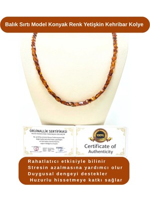 Yıldız Doğal Taş Sertifikalı Balık Sırtı Model Konyak Renk Yetişkin Kehribar Kolye 55 -60 cm 10 - 12 gr