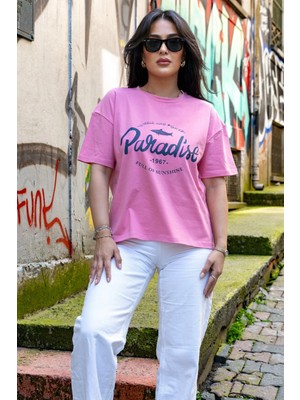 Dı Loria Kadın Pembe Oversize Paradise Baskılı Likralı Bisiklet Yaka T-Shirt (%95 Pamuk)