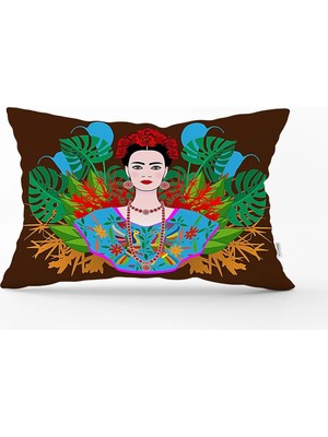 Rem Home Kahverengi Zeminde Özel Tasarım Frida Kahlo Baskılı Dikdörtgen Kırlent Kılıfı