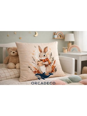 Orcadeco -Tavşan Desenli Dekoratif Kırlent Kılıfı 45X45 – Bebek & Çocuk Odası Uyumlu, Yumuşak Dokulu
