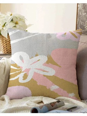 Rem Home Çift Taraflı Renkli Zeminde Soyut Çizimli Çiçek Desenli Modern Raşel Örme Yastık Kırlent Kılıfı