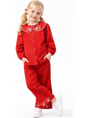 Ay Kids Kız Çocuk Nakış Detaylı Gömlek Yaka Ikili Takım  Uzun Kollu  2940-